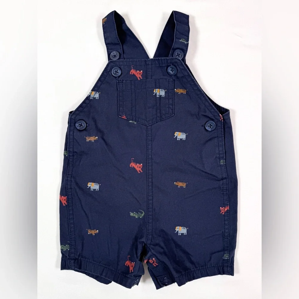CARTER'S Baby Boys' Navy Blue‎ Animal Print Embroidered 100% Cotton Shortalls 6M
